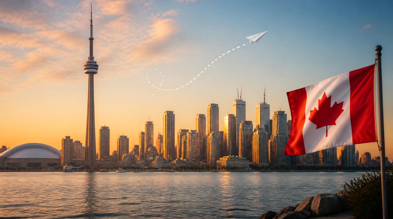 Carretera canadiense al atardecer simbolizando el viaje hacia una nueva vida en Canadá